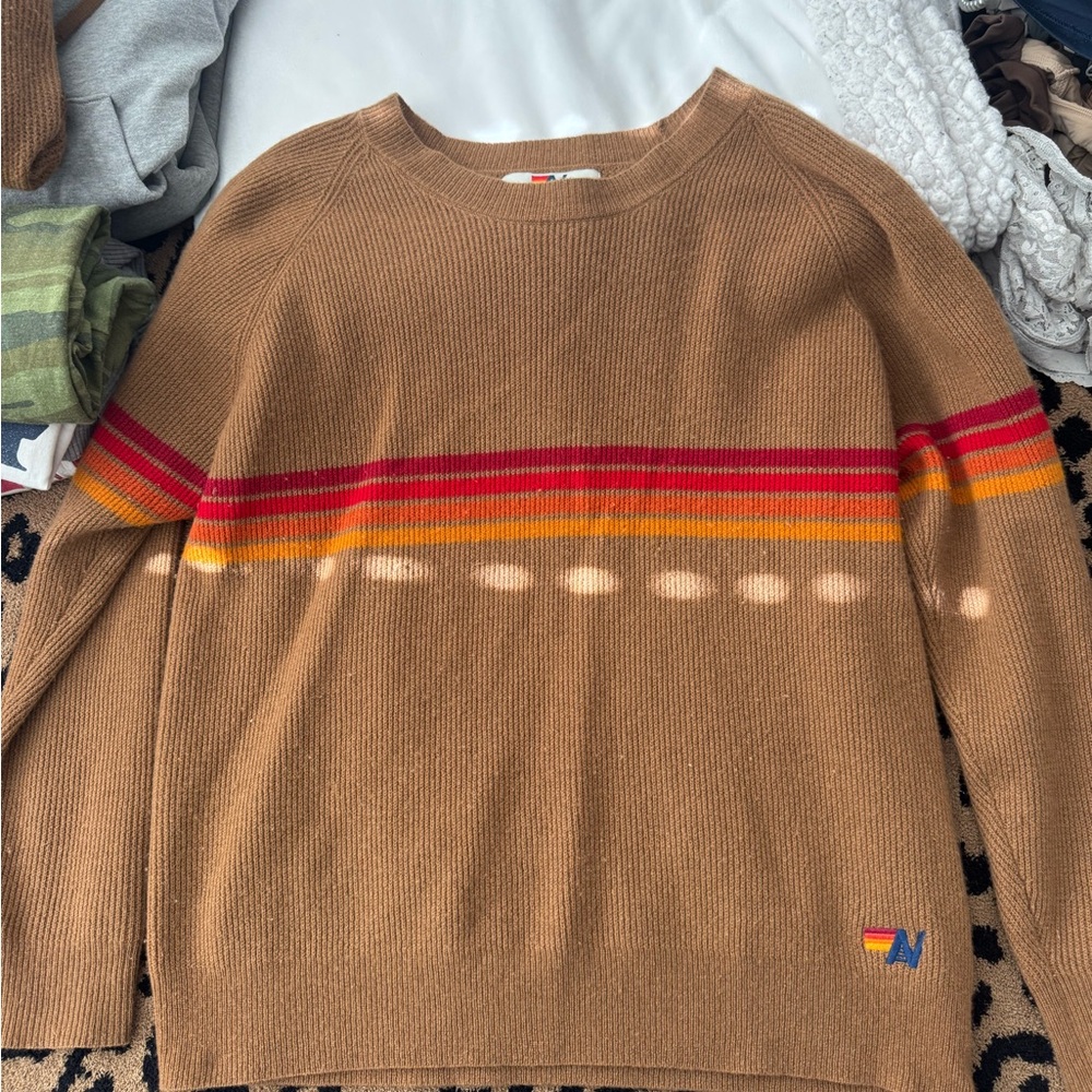 Aviator Nation Tan Sweater Set with Red and Orange Stripes FULL CASHMERE